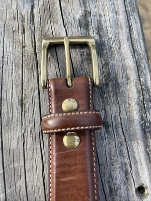 "Cinturón Polo Ralph Lauren hebilla de latón macizo marrón cuero italiano 1,25"" ancho 38""" Foto 1 de 4