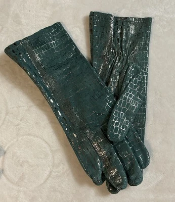 Guantes Chi By Carlos Falchi Gamuza Cuero Verde Azulado con Acentos Plateados Mujer Talla XL NUEVOS SIN ETIQUETAS Foto 1 de 4