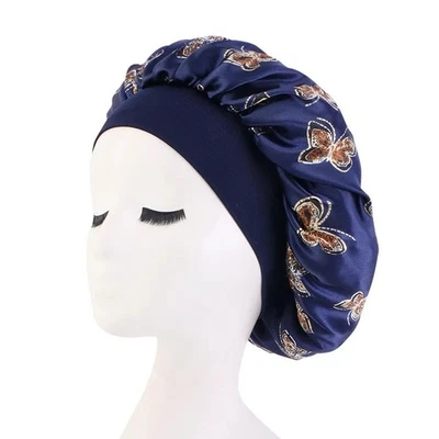 Gorra de dormir noche de seda gorro de pelo mujer azul/mariposa, ligera, cómoda Foto 1 de 4