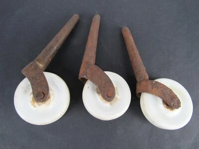 3 Antique Vintage White PORCELAIN & IRON Caster Wheels Furniture Rollers - Image 1 of 4