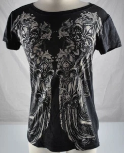 NWOT Crystal Saint Black White Graphic Shirt Embellished Rhinestone Stud Sz S P2 - Picture 1 of 12