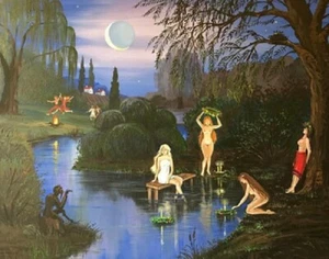 11X14 PRINT OF PAINTING WITCH Halloween Landscape Folk Art Pagan Nude Ritual 🌺 - Picture 1 of 1