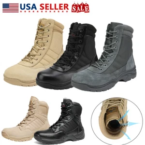 Men's Military Tactical Work Boots Side Zipper Leather Motorcycle Combat Shoes - Picture 1 of 33