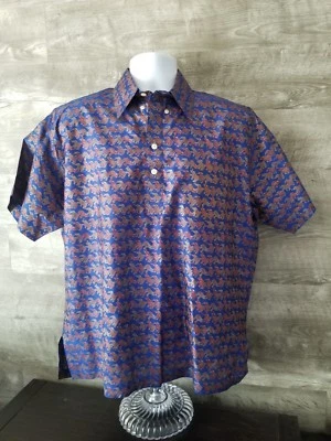 River Thai Silk Men's Top 1/3 Button Up Elephant Print Blue100% Silk XL - Image 1 of 4