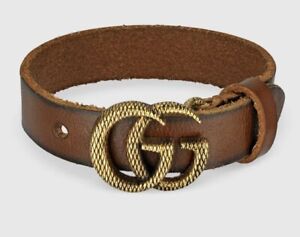 NWT Gucci Double G Engraving Leather Bracelet Brown Gold Size S