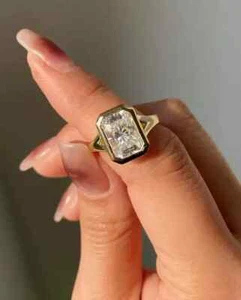 3 Ct Emerald Cut IGI Certified Lab Grown Diamond Bezel Set Ring 14k Yellow Gold - Picture 1 of 24