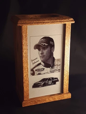 Solid Red Oak Candle Box w/ Jimmie Johnson and Nascar #48 Car Etched Glass Panel Cover