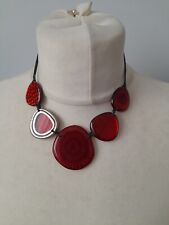 Costume Jewellery Statement Necklace Silver Tone Red Flat Beaded Collar