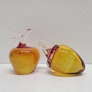 Vintage Amber Yellow & Red Bubbles Glass Apple And Strawberry Paperweights - Picture 1 of 15