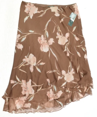 Vintage Lauren Ralph Lauren Midi Skirt Womes Plus 16W Brown Floral 100% Silk - Image 1 of 4