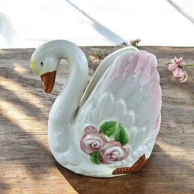 Vintage kitsch ceramic white glazed swan vase wall hangingplanter 1950s - image 1 of 4