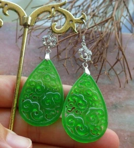 925 Sterling Silver Green Jade Earrings Flower Teardrop Diamond Imitation 397352 - Picture 1 of 11
