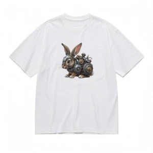 Men's Soft Classic T-Shirt Retro-Futuristic Bunny Artwork with Gear Details Tee - Picture 1 of 6