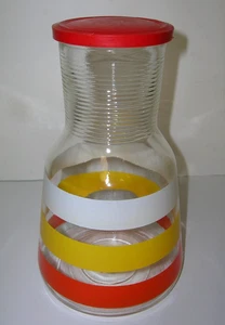 Hazel Atlas Striped Juice Carafe Jar w Lid White Yellow Orange Vintage 32oz RARE - Picture 1 of 6