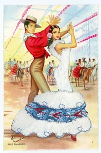 Postal Bordada Bailarina Flamenca Española Trajes Tradicionales Elsi Gumier - Imagen 1 de 2