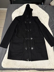 Guess Winter Coat Mens XL Black Wool Blend Full Zip Hooded Duffle Coat - Picture 1 of 10