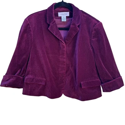 Blazer Calvin Klein Púrpura Terciopelo Preppy Puño Rollo Recortado Glamour Fiesta Pequeña 14P Foto 1 de 4