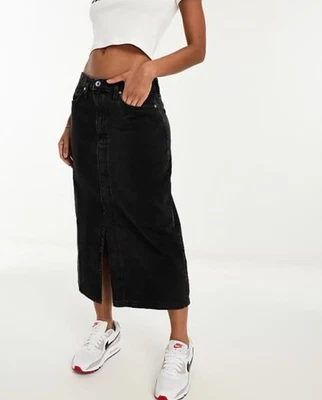 Falda midi de mezclilla dividida frontal de mango en negro TALLA XS Foto 1 de 4