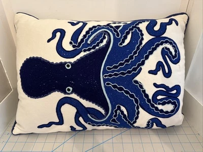 Embroidered Octopus Pillow COASTAL NAUTICAL 14"X20" - Image 1 of 4