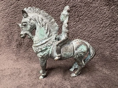 Vintage Bronze Chinese Warrior on Horse Statue 5.5" Verdigris Patina Figurine - Image 1 of 4