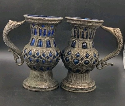 2 cáliz ornamentado vintage renacentista azul cobalto soplado vidrio y metal  Foto 1 de 4