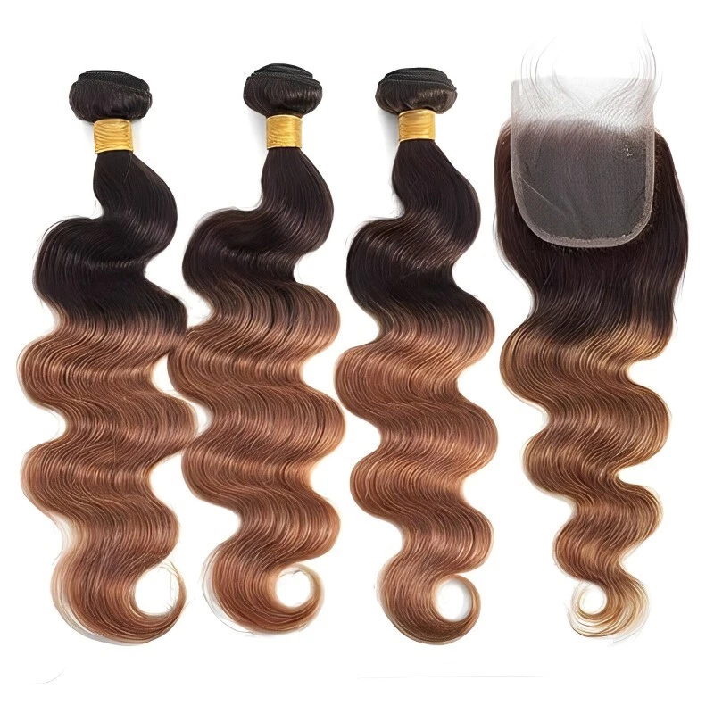 20" 22" 24" Ombre Body Wave Human Hair 3 Bundles + 18″ Closure - Image 1 of 4