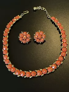 Vintage Krone Trifari Ohrring & Halsreif Set Koralle Orange Blumen - Bild 1 von 4