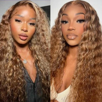 Peluca de cabello humano frontal de encaje rizada onda de agua rubia destacada camboyana UNICE Foto 1 de 4