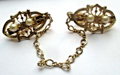 Attache gilet cape pinces couleur or perles superbe accessoire vintage 5525 - Photo 1/3