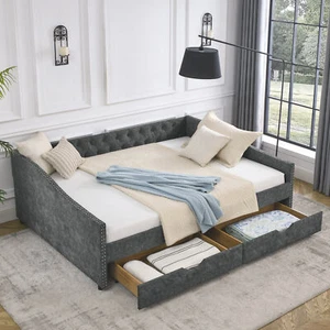 Queen Size Upholstered Button Tufted Daybed Frame Sofa Bed with  2 Drawers Gray - Picture 1 of 9