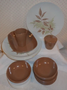 32 Piec. BROWN & WHITE TEXAS WARE MELMAC DISHES DINNER WARE w/Sugar Bowl Creamer - Picture 1 of 21