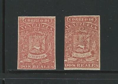 Venezuela: 1860; Scott 006, tono 2 colores, como nuevo, 1 borde corto, sin goma. EBV685 Foto 1 de 2