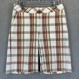 Saks Bermuda Shorts Womens 4 Beach Coastal Natural 100% Cotton Plaid Seersucker - Picture 1 of 9