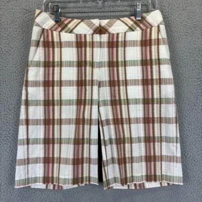 Saks Bermuda Shorts Womens 4 Beach Coastal Natural 100% Cotton Plaid Seersucker - Image 1 of 4
