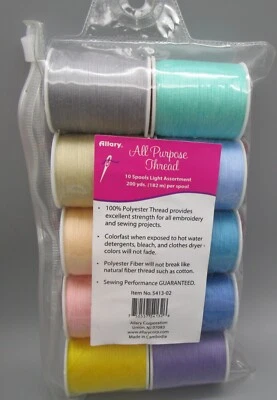ALLARY ~ 10 Spools Light Assortment 100% Polyester All Purpose Sewing Thread - Image 1 of 2