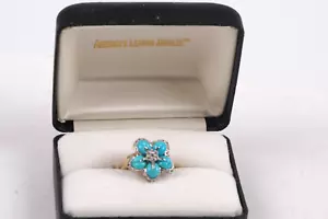 Vintage 14K Yellow Gold Flower Turquoise Diamond Cocktail Ring Size 5 - Picture 1 of 8