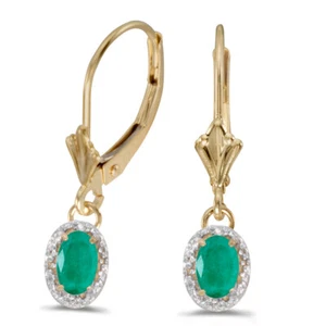 10k Yellow Gold Oval Emerald & Diamond Leverback Earrings - Picture 1 of 1