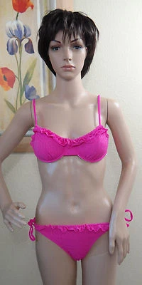 CALIFORNIA WAVES pink crochet style strap swim top & tie side ruffle bottom,M - Image 1 of 4