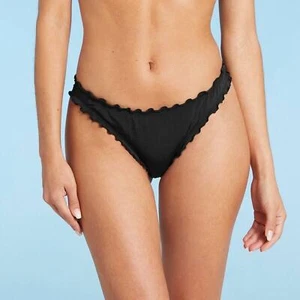 Shade & Shore Women's Ruffle High Leg Extra Cheeky Bikini Bottom Black S (4-6) - Picture 1 of 8