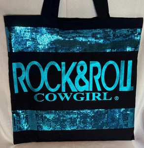 TOTE DE LONA ADORNADO ROCK & ROLL VAQUERA Negro y Turquesa con Lentejuelas, Usado en Excelente Condición - Imagen 1 de 8