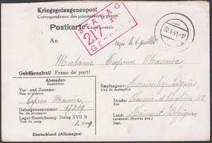 Alemania 1941- Postal a Bélgica Prisionero en Alemania. "STALAG 217"(EB) AR-08968 - Imagen 1 de 2