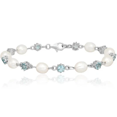 925 Sterling Silver Blue CZ Freshwater Cultured Pearl Chain Bracelet - Image 1 of 4
