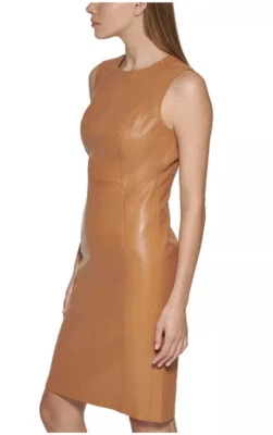 CALVIN KLEIN искусственной кожи MIDI платье в мед/коньяк 10 оболочка обтяжку $134.00 - Изображение 1 из 4