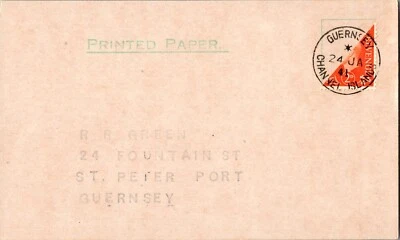 1941 England Guernsey Bisect Stamp Printed Postcard Cover to Peter Port RR Green - Image 1 of 2