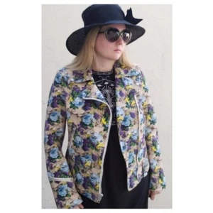 MSGM Women's Cotton Yellow Floral Moto Biker Zip Up Jacket Tan Purple Size 4 - Picture 1 of 9