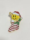 Vintage Walmart Christmas Holidays Smiley Face Stocking Mistletoe Pin Back