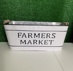 Farmer’s Market White Tin Trough Bucket Holder Planter Farmhouse Wood Handles