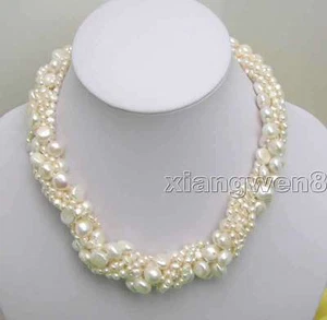 4-6mm Baroque Natural White Pearl Necklace 3 Strands 40" Combination 18" Set - Picture 1 of 8