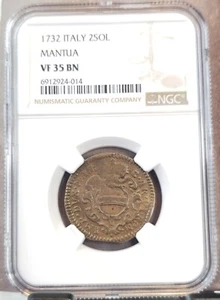 1732 ITALY 2 SOLDI ITALIAN STATE MANTUA NGC VF 35 BN EXTREMELY RARE TOP POP 1 - Picture 1 of 3