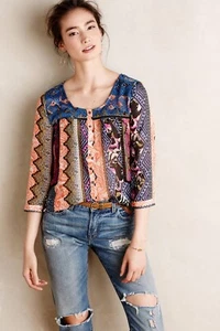 Anthropologie Patchprint Embroidered Henley Top by Vanessa Virginia - Sz 0P  - Picture 1 of 10